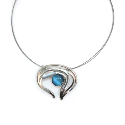 POLY All Silver Bright Blue Catsite Multiwire Necklace - Click Image to Close